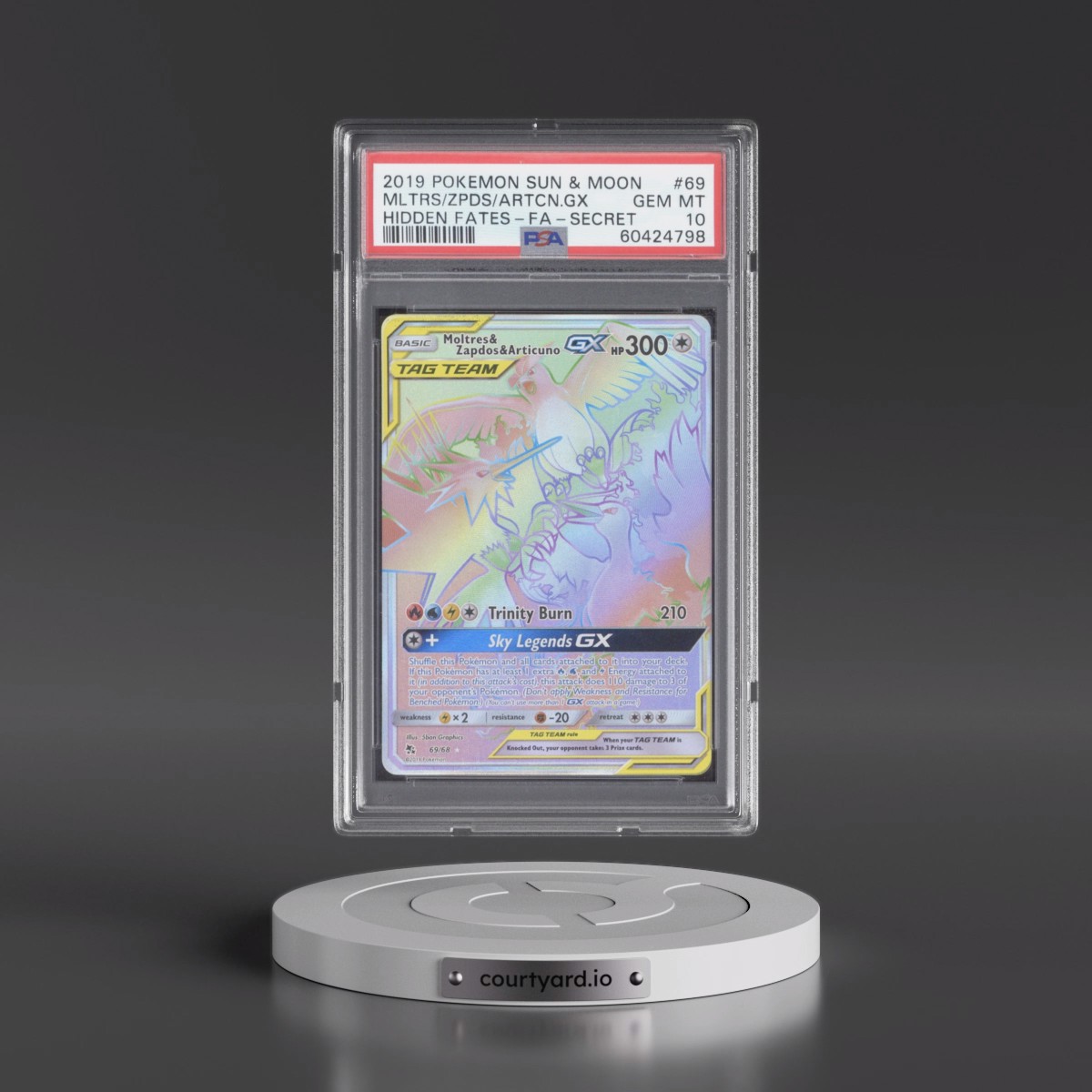 2019 Pokémon Sun & Moon Hidden Fates #69 Moltres & Zapdos & Articuno GX - Holo Full Art Secret (PSA 10 GEM MINT)