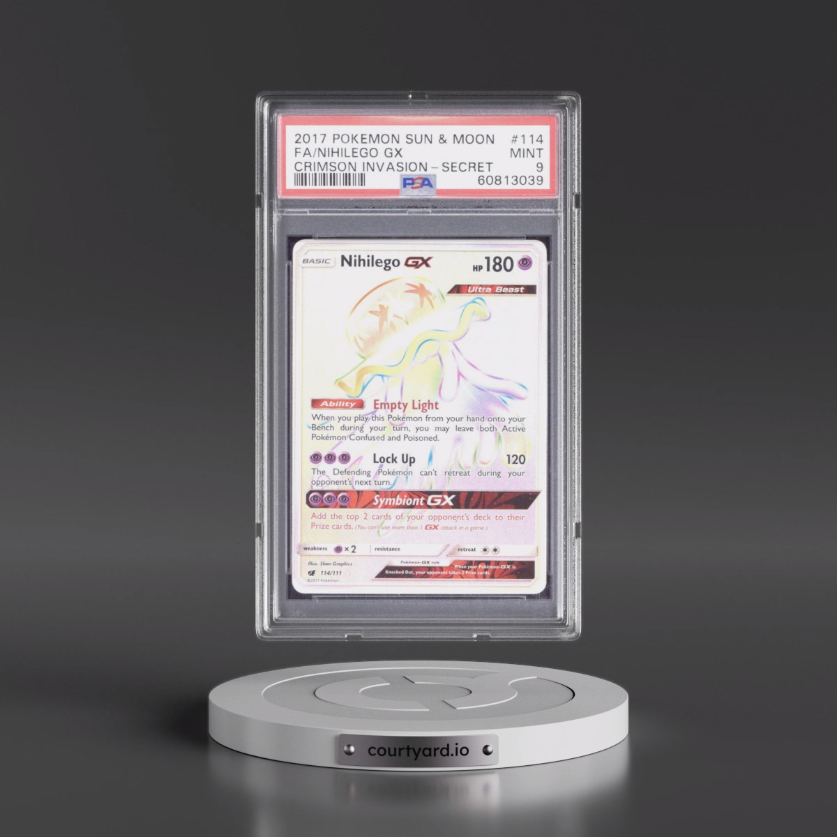 2017 Pokémon Sun & Moon Crimson Invasion #114 Nihilego GX - Holo Full Art Secret (PSA 9 MINT)