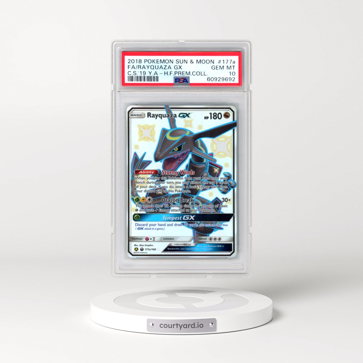 2018 Pokémon Sun & Moon Celestial Storm #177a Rayquaza GX - Holo Full Art 2019 Yellow A Hidden Fates Premium Collection (PSA 10 GEM MINT)