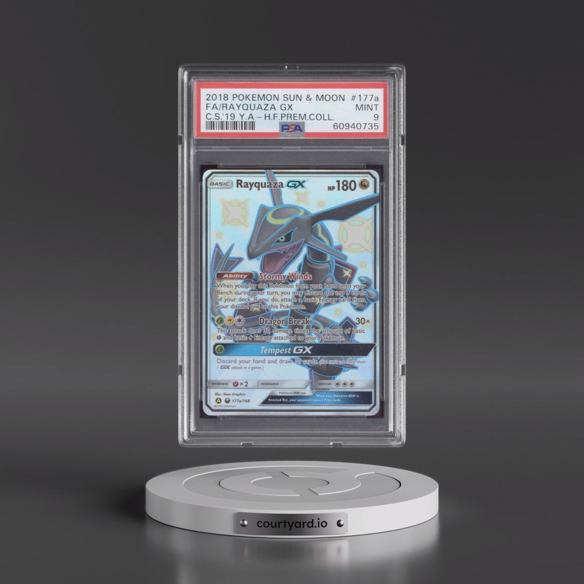 2018 Pokémon Sun & Moon Celestial Storm #177a Rayquaza GX - Holo Full Art 2019 Yellow A Hidden Fates Premium Collection (PSA 9 MINT)