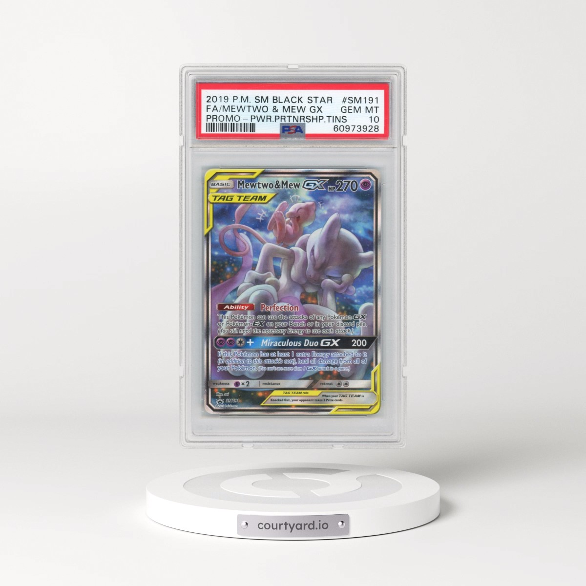 2019 Pokémon SM Black Star Promo #SM191 Mewtwo & Mew GX - Holo Full Art Power Partnership Tins (PSA 10 GEM MINT)