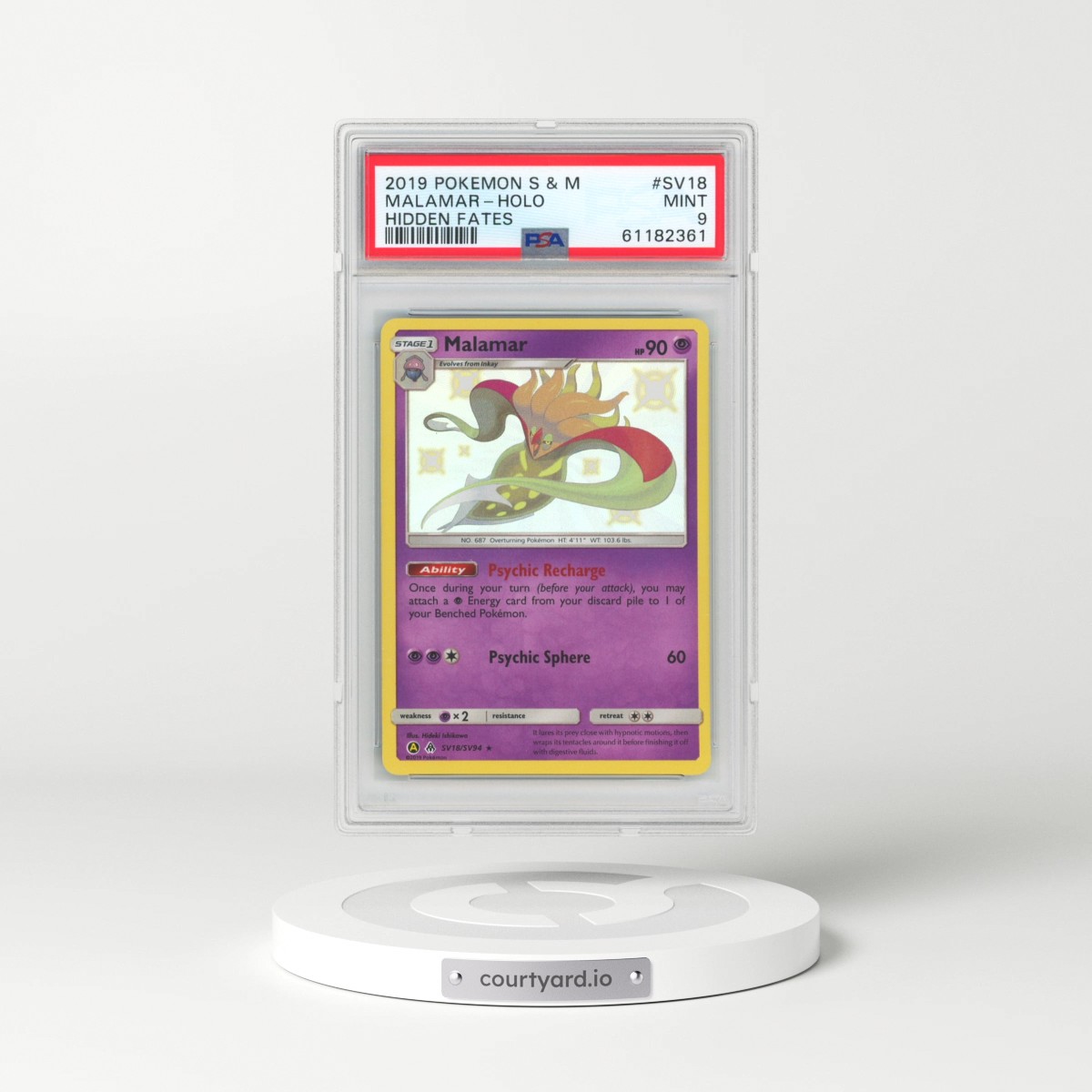 2019 Pokémon Sun & Moon Hidden Fates #SV18 Malamar - Holo (PSA 9 MINT)