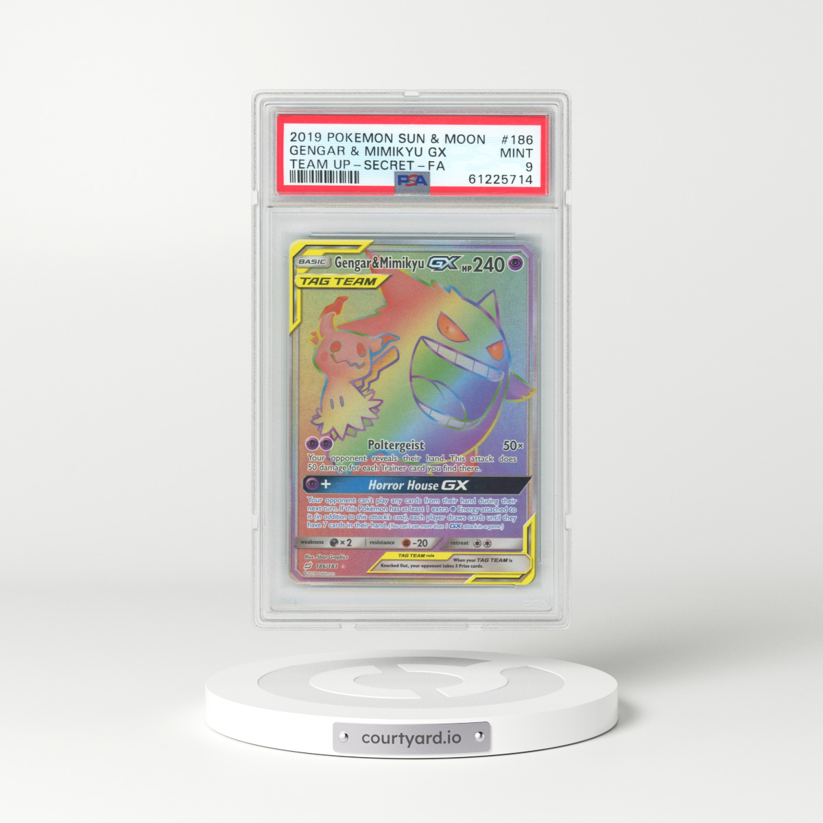 2019 Pokémon Sun & Moon Team Up #186 Gengar & Mimikyu GX - Holo Full Art Secret (PSA 9 MINT)