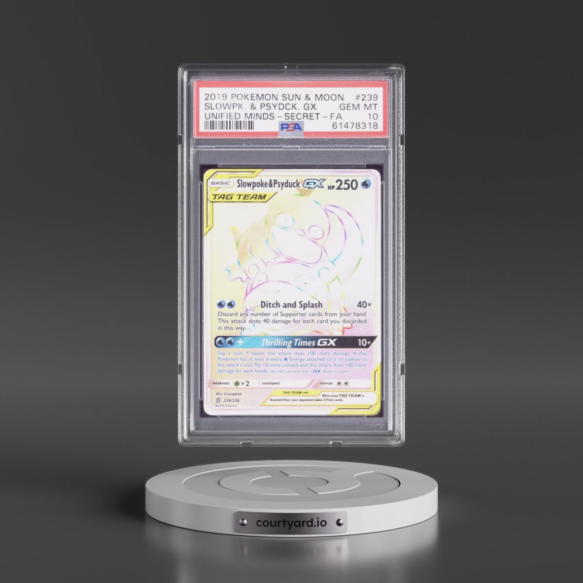 2019 Pokémon Sun & Moon Unified Minds #239 Slowpoke & Psyduck GX - Holo Full Art Secret (PSA 10 GEM MINT)