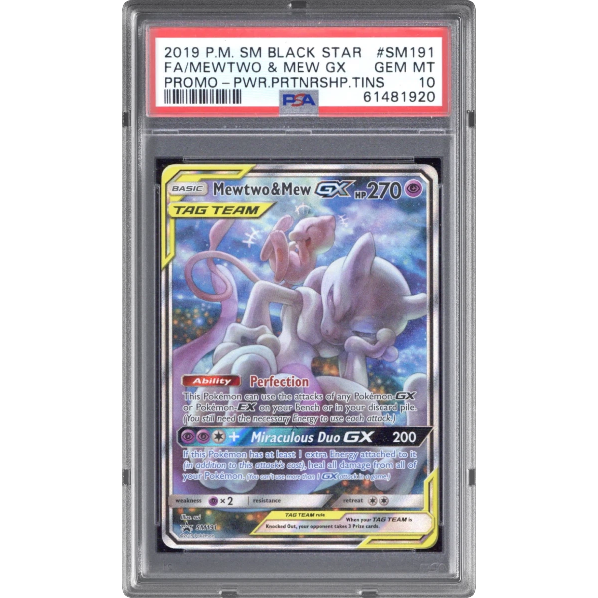 2019 Pokémon SM Black Star Promo #SM191 Mewtwo & Mew GX - Holo Full Art Power Partnership Tins (PSA 10 GEM MINT)