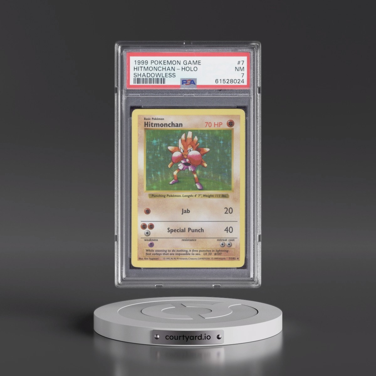 1999 Pokémon Game #7 Hitmonchan - Holo Shadowless (PSA 7 NM)