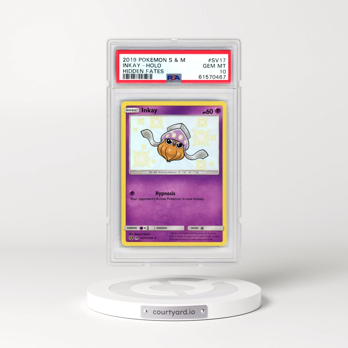 2019 Pokémon Sun & Moon Hidden Fates #SV17 Inkay - Holo (PSA 10 GEM MINT)
