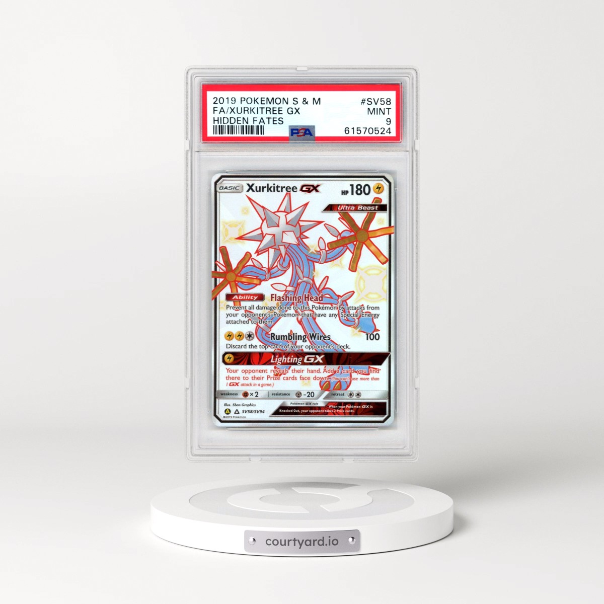 2019 Pokémon Sun & Moon Hidden Fates #SV58 Xurkitree GX - Holo Full Art (PSA 9 MINT)