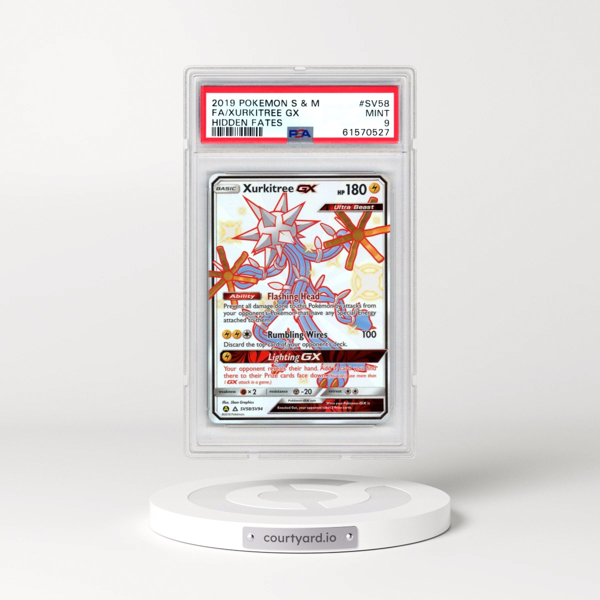 2019 Pokémon Sun & Moon Hidden Fates #SV58 Xurkitree GX - Holo Full Art (PSA 9 MINT)