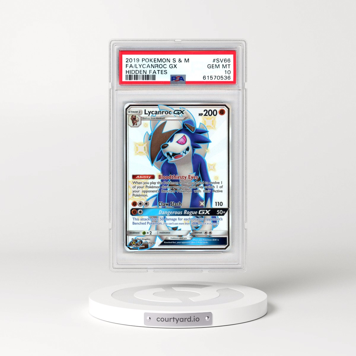 2019 Pokémon Sun & Moon Hidden Fates #SV66 Lycanroc GX - Holo Full Art (PSA 10 GEM MINT)