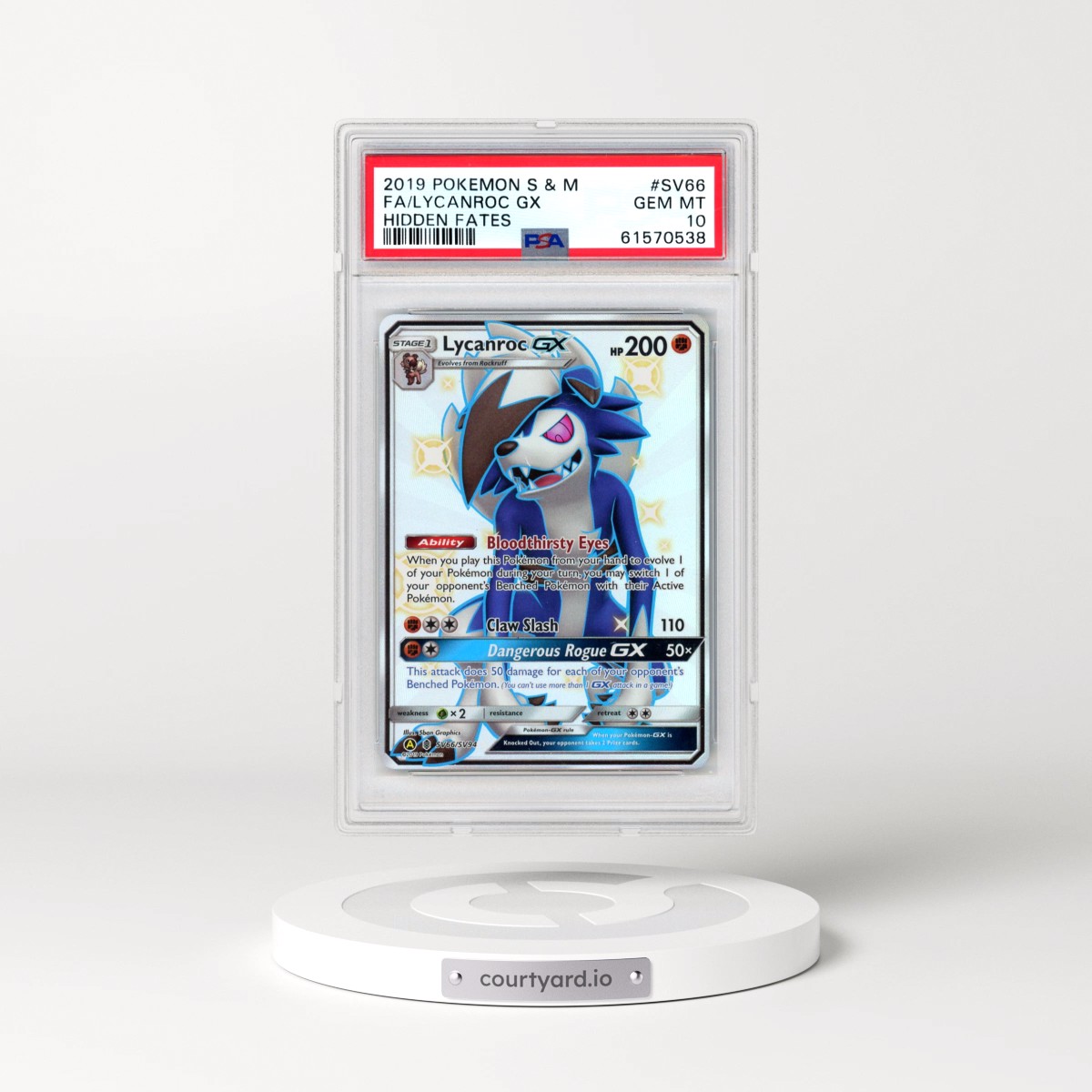 2019 Pokémon Sun & Moon Hidden Fates #SV66 Lycanroc GX - Holo Full Art (PSA 10 GEM MINT)