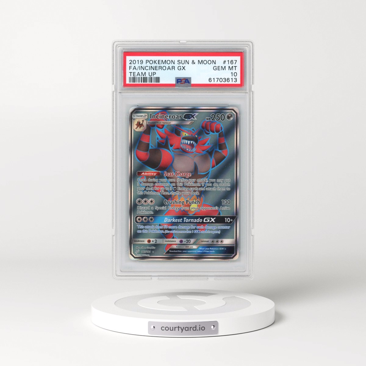 2019 Pokémon Sun & Moon Team Up #167 Incineroar GX - Holo Full Art (PSA 10 GEM MINT)