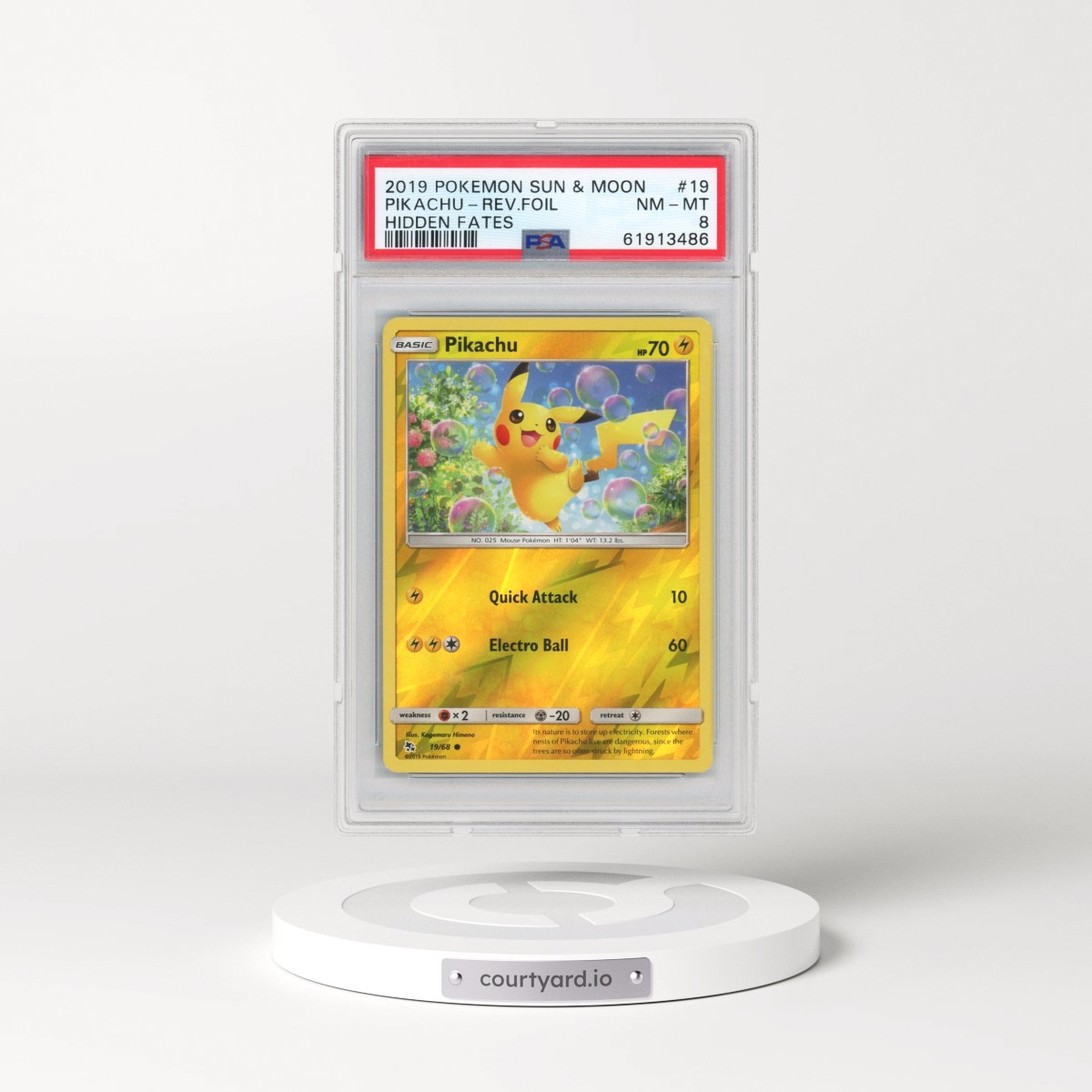2019 Pokémon Sun & Moon Hidden Fates #19 Pikachu - Reverse Foil (PSA 8 NM-MT)