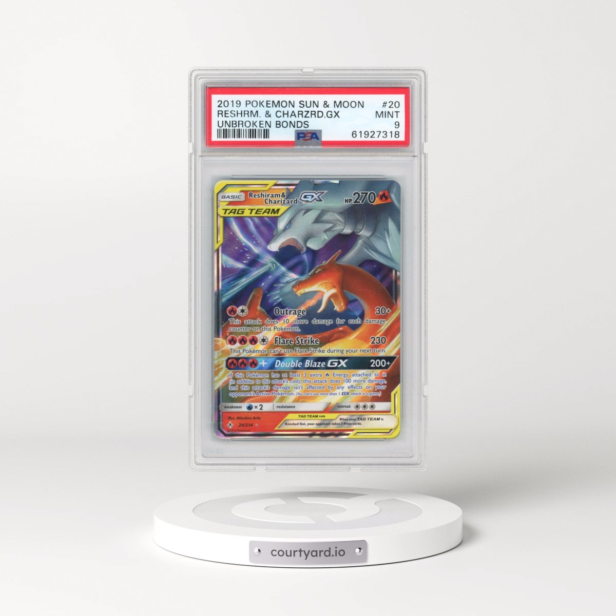 2019 Pokémon Sun & Moon Unbroken Bonds #20 Reshiram & Charizard GX - Holo (PSA 9 MINT)
