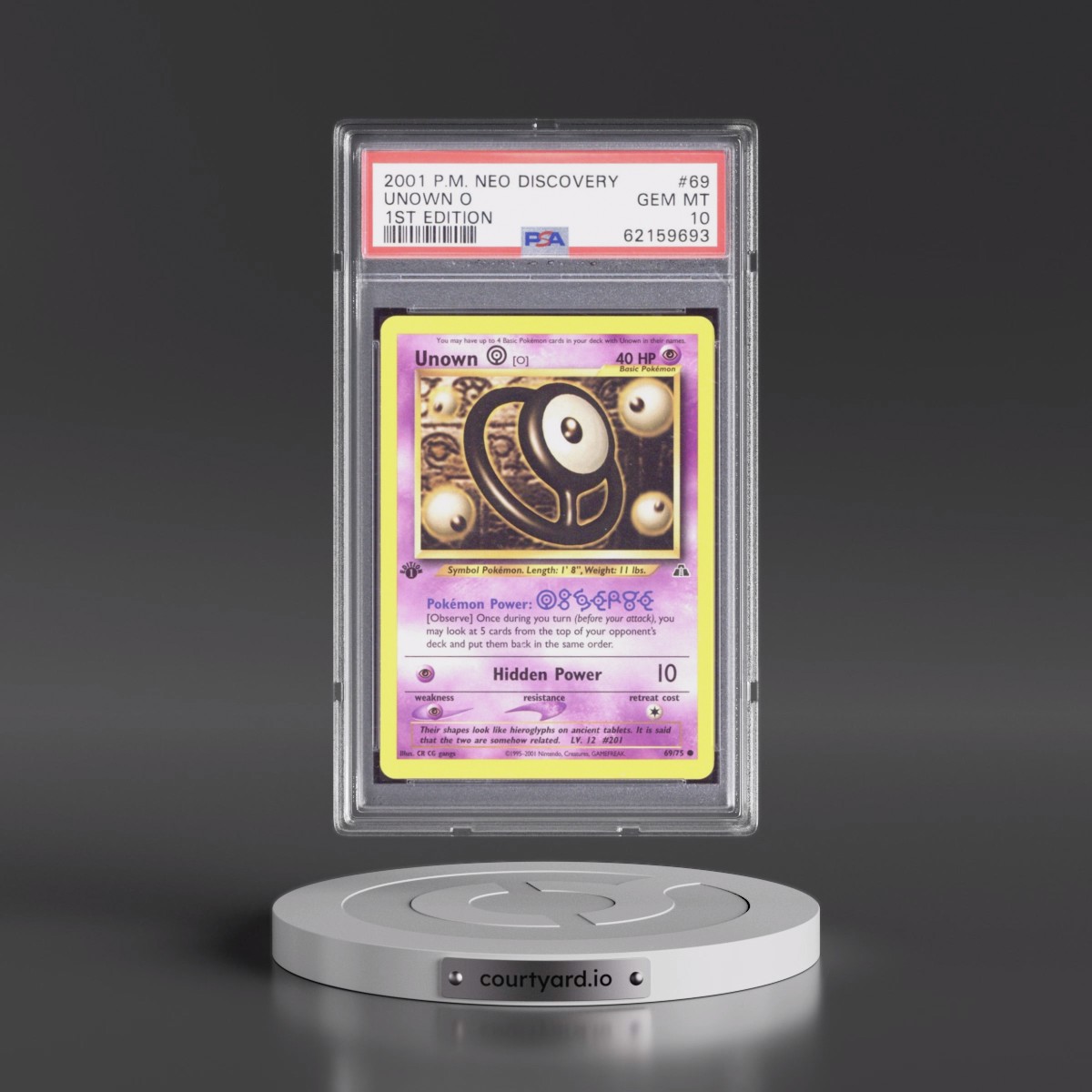 2001 Pokémon Neo Discovery #69 Unown O - 1st Edition (PSA 10 GEM MINT)