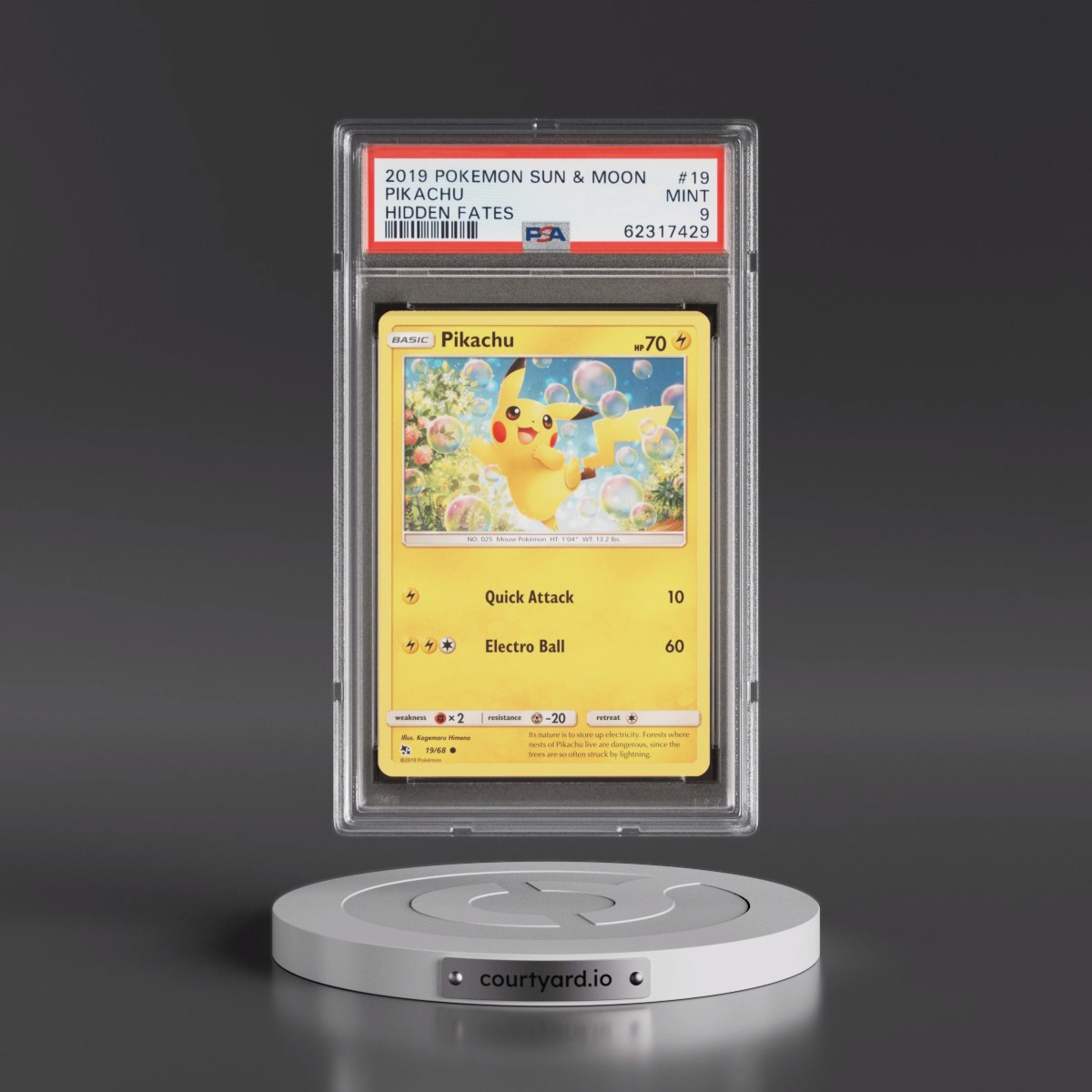 2019 Pokémon Sun & Moon Hidden Fates #19 Pikachu (PSA 9 MINT)