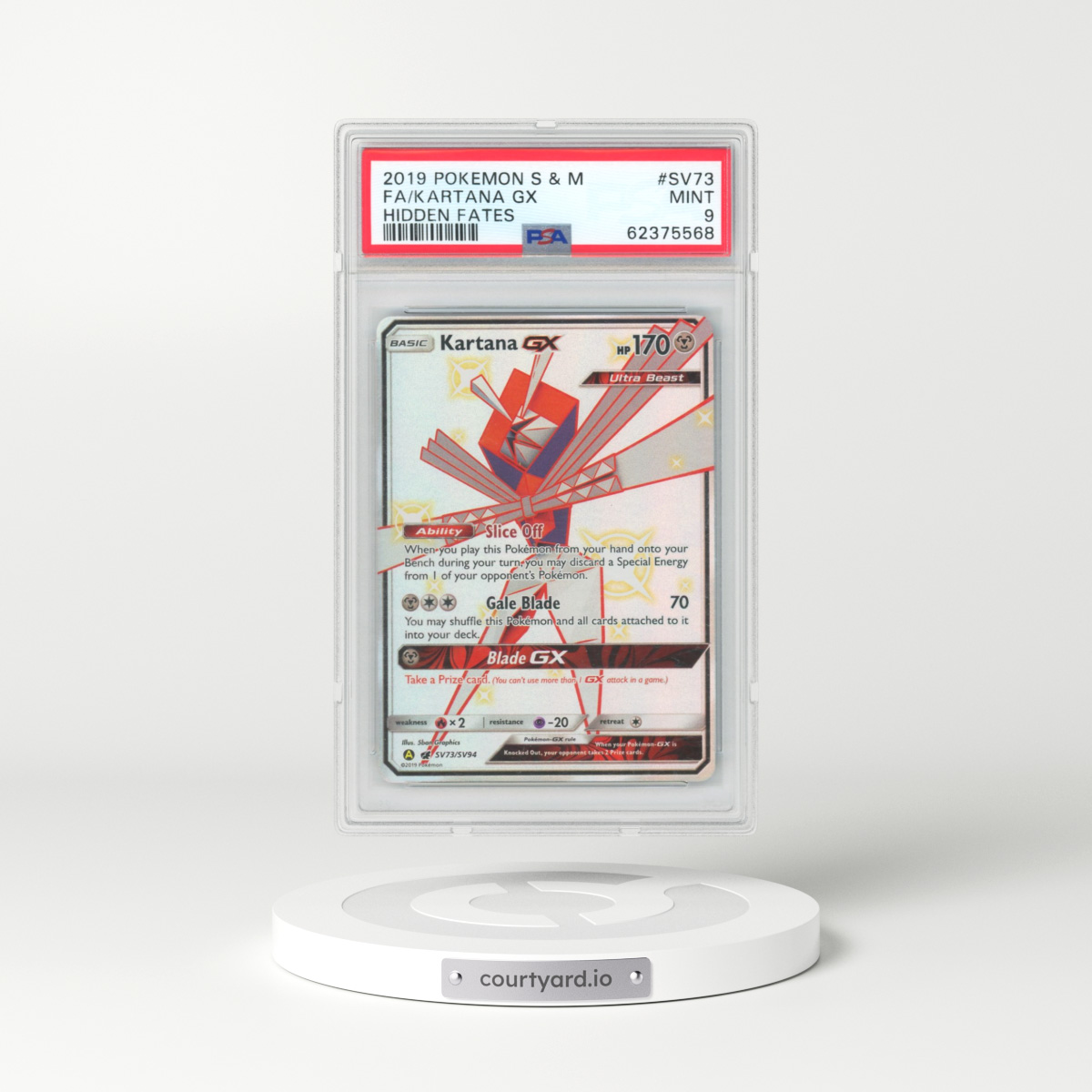 2019 Pokémon Sun & Moon Hidden Fates #SV73 Kartana GX - Holo Full Art (PSA 9 MINT)