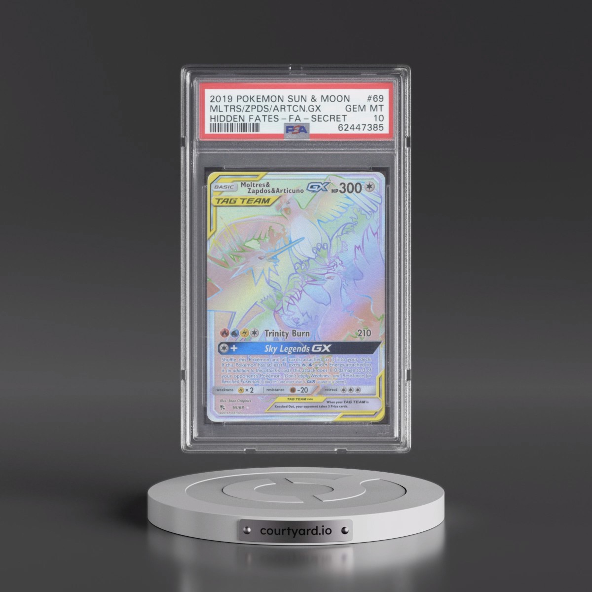 2019 Pokémon Sun & Moon Hidden Fates #69 Moltres & Zapdos & Articuno GX - Holo Full Art Secret (PSA 10 GEM MINT)
