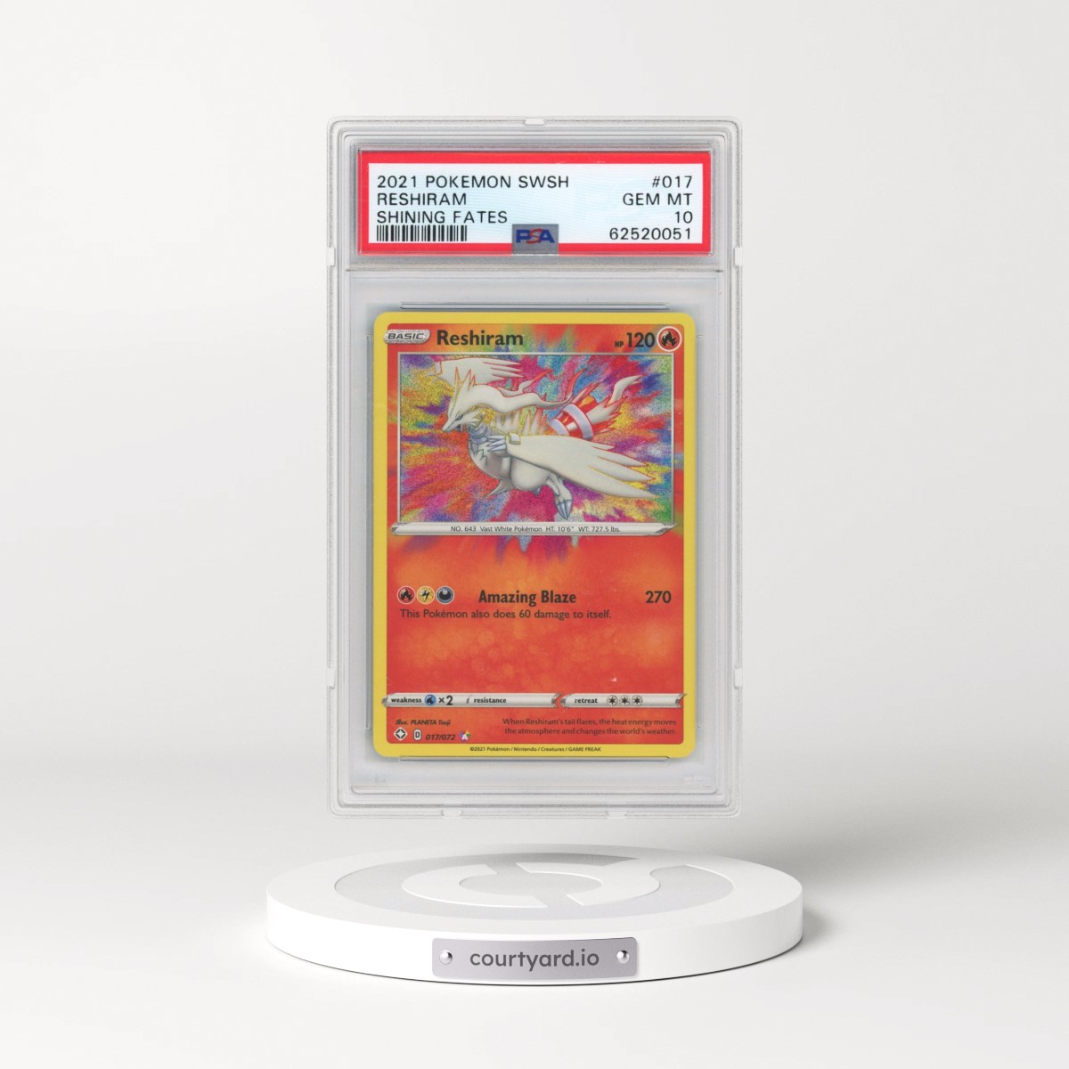 2021 Pokémon Sword & Shield Shining Fates #017 Reshiram (PSA 10 GEM MINT)
