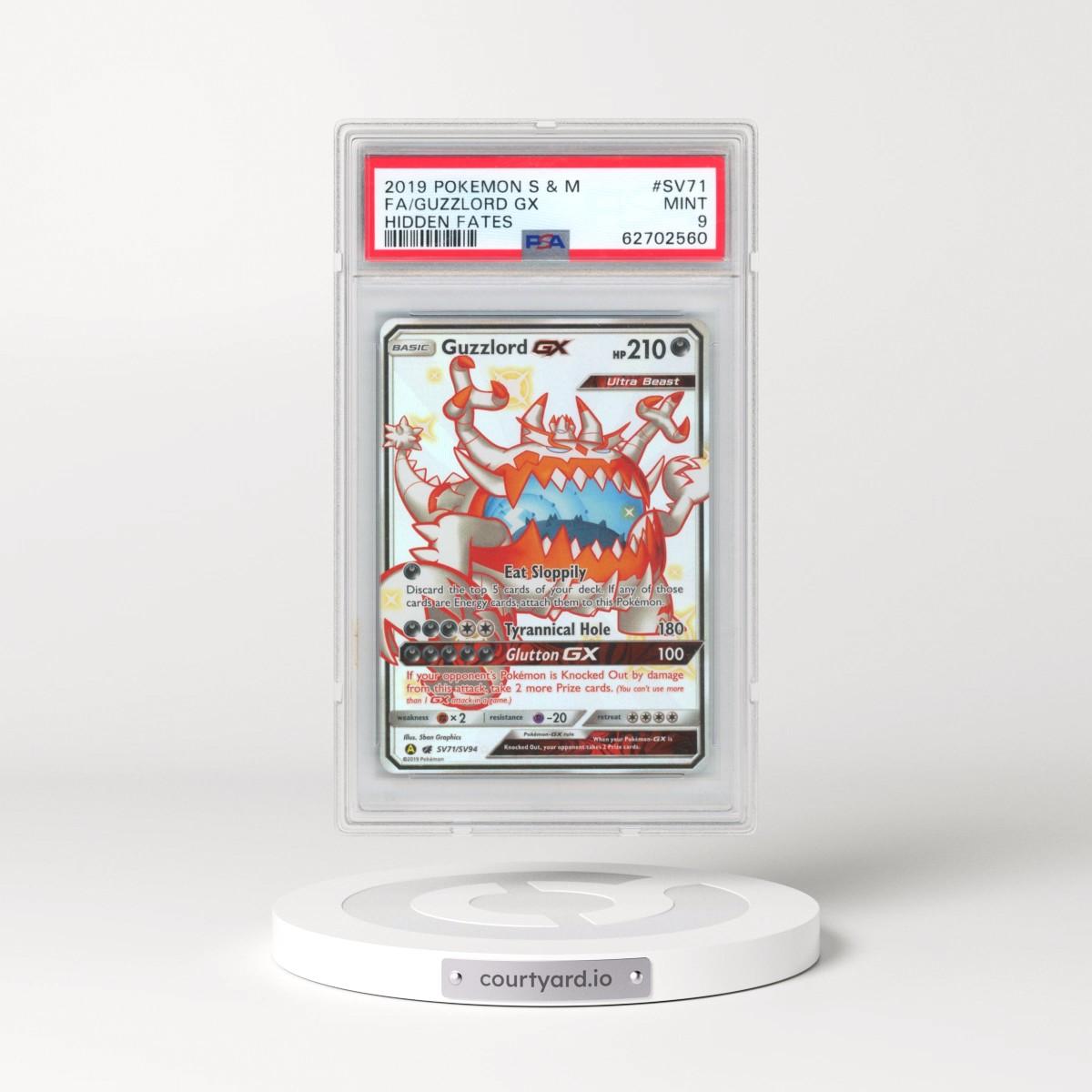 2019 Pokémon Sun & Moon Hidden Fates #SV71 Guzzlord GX - Holo Full Art (PSA 9 MINT)