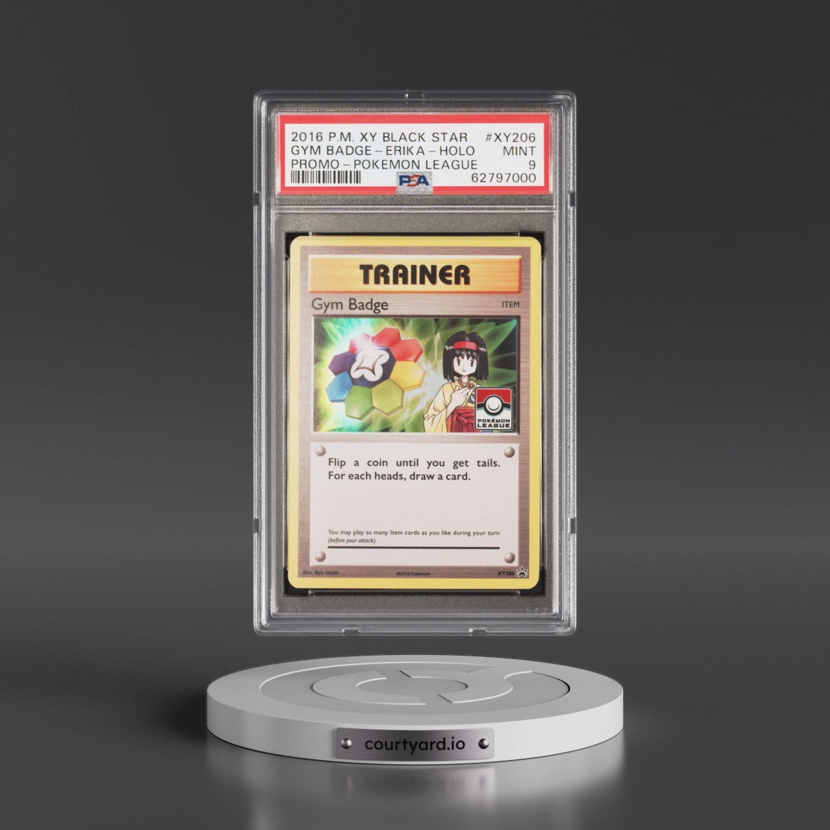 2016 Pokémon XY Black Star Promo #XY206 Gym Badge-Erika - Holo Pokemon League (PSA 9 MINT)