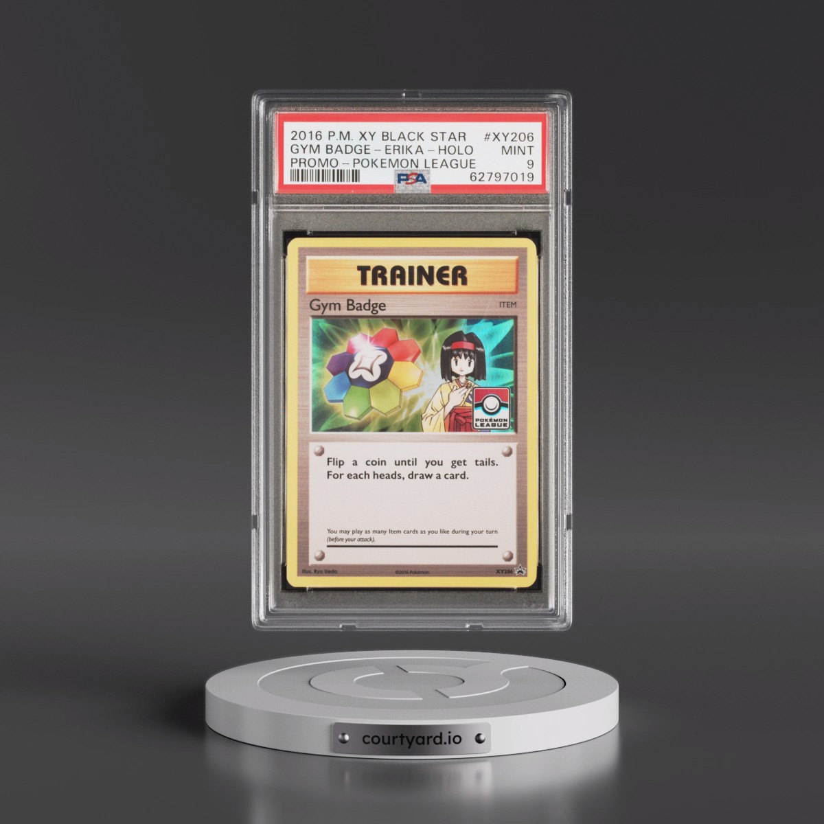 2016 Pokémon XY Black Star Promo #XY206 Gym Badge-Erika - Holo Pokemon League (PSA 9 MINT)