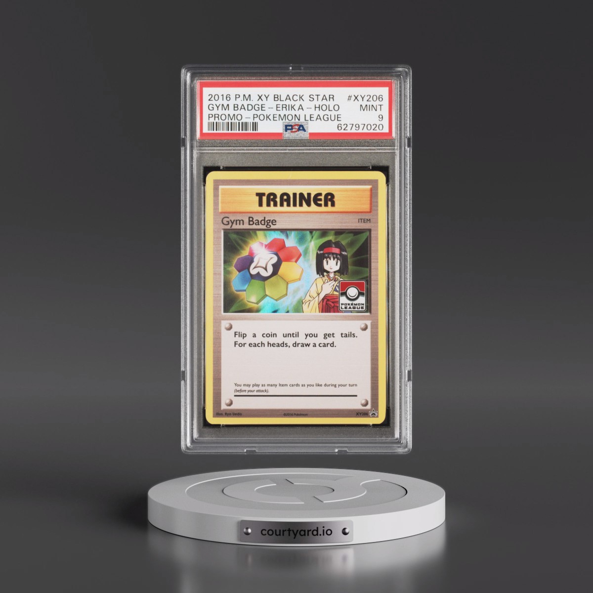 2016 Pokémon XY Black Star Promo #XY206 Gym Badge-Erika - Holo Pokemon League (PSA 9 MINT)