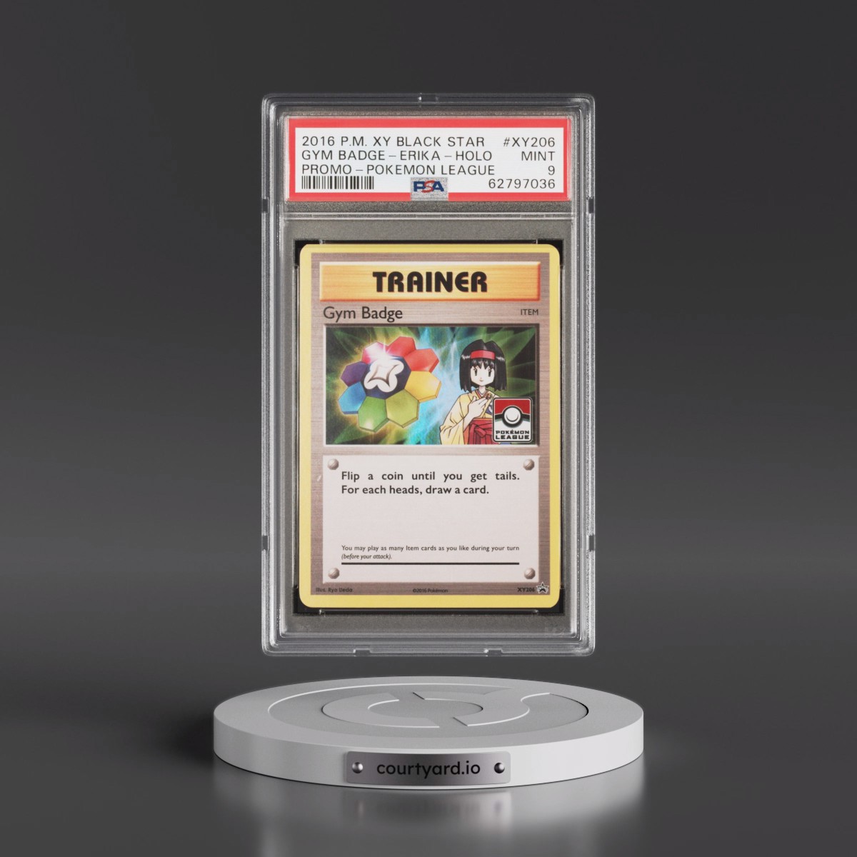 2016 Pokémon XY Black Star Promo #XY206 Gym Badge-Erika - Holo Pokemon League (PSA 9 MINT)