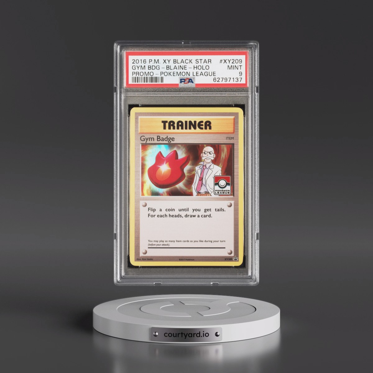 2016 Pokémon XY Black Star Promo #XY209 Gym Badge-Blaine - Holo Pokemon League (PSA 9 MINT)