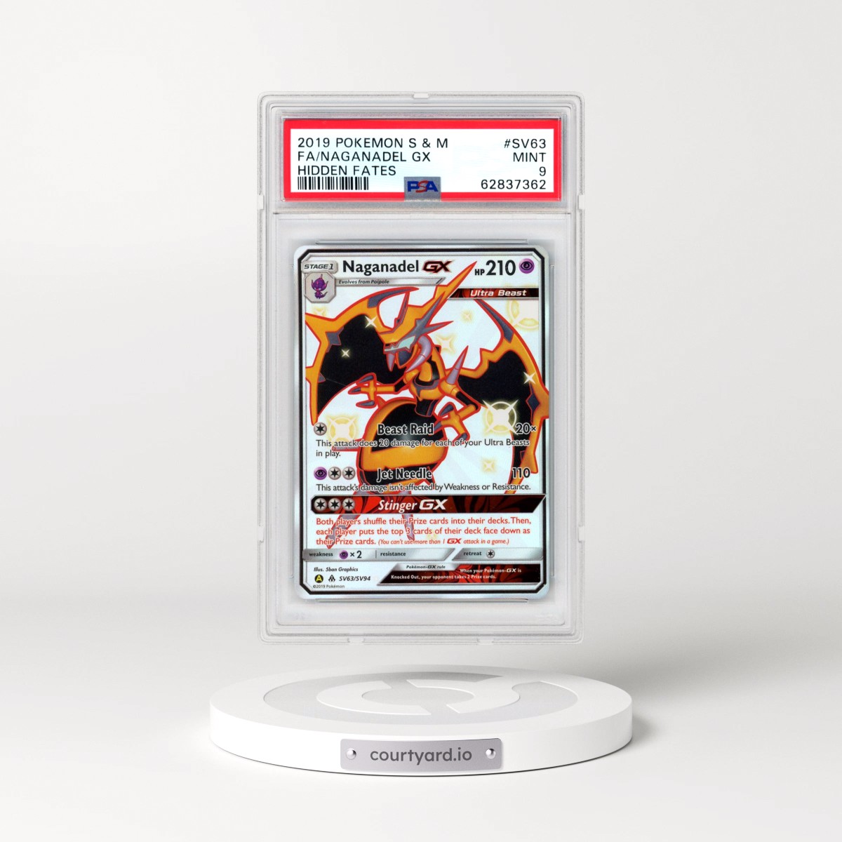 2019 Pokémon Sun & Moon Hidden Fates #SV63 Naganadel GX - Holo Full Art (PSA 9 MINT)