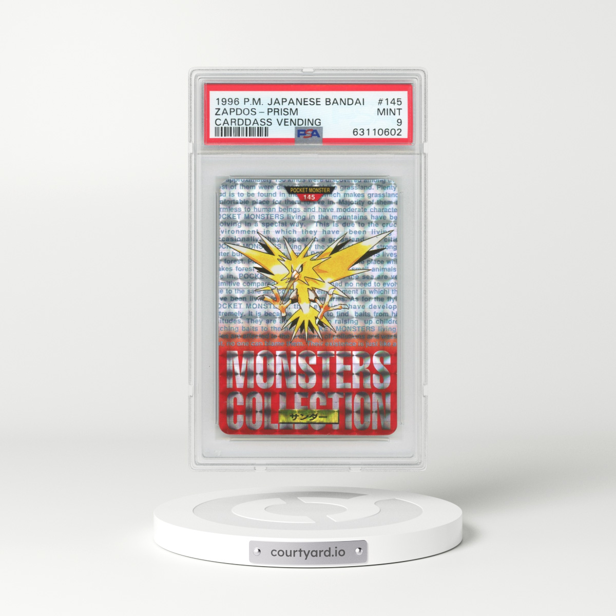 1996 Japanese Bandai Carddass Vending #145 Zapdos - Prism (PSA 9 MINT)