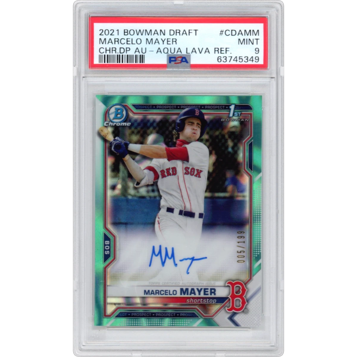 2021 Bowman Draft Chrome Draft Pick Autographs #CDAMM Marcelo Mayer - Aqua Lava Refractor (PSA 9 MINT)