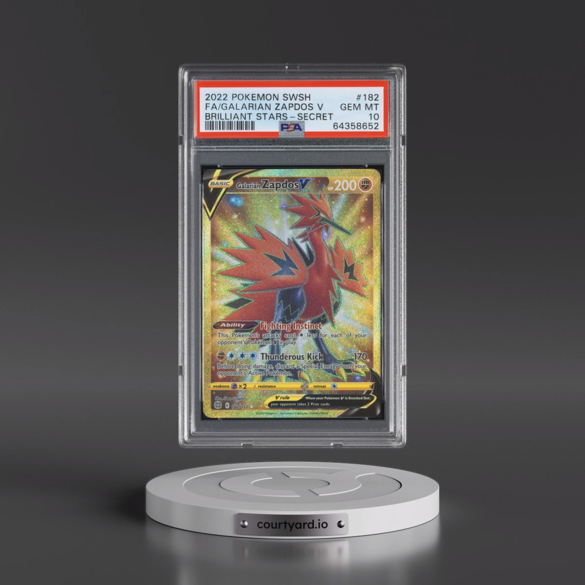 2022 Pokémon Sword & Shield Brilliant Stars #182 Galarian Zapdos V - Holo Full Art Secret (PSA 10 GEM MINT)
