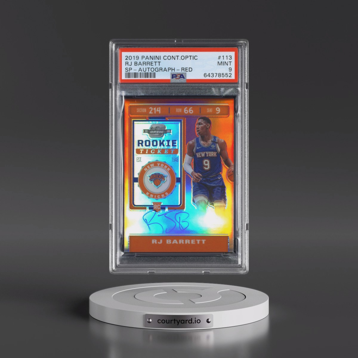 2019 Panini Contenders Optic #113 RJ Barrett - SP-Autograph-Red (PSA 9 MINT)