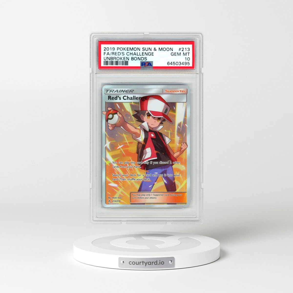 2019 Pokémon Sun & Moon Unbroken Bonds #213 Red's Challenge - Full Art (PSA 10 GEM MINT)
