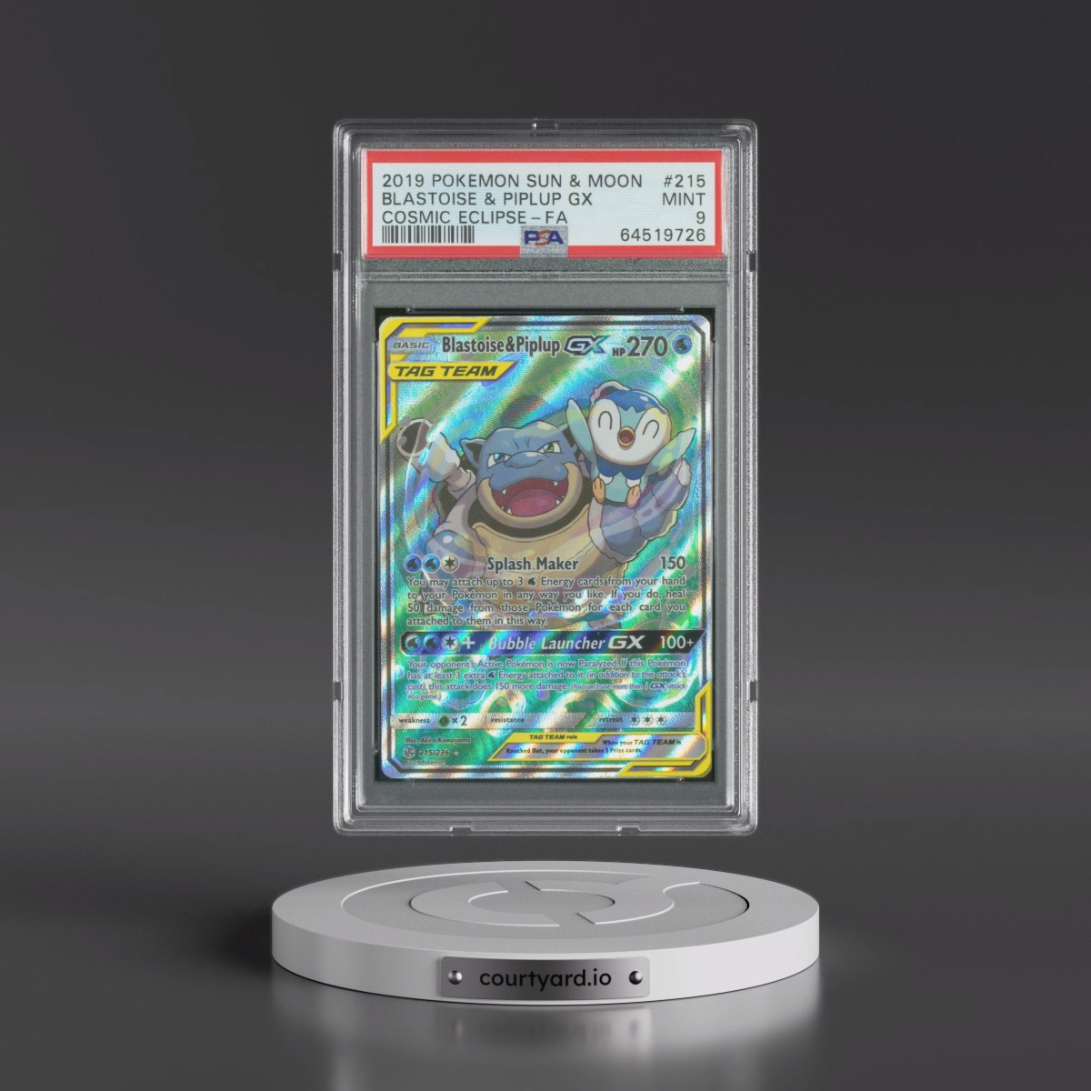 2019 Pokémon Sun & Moon Cosmic Eclipse #215 Blastoise & Piplup GX - Holo Full Art (PSA 9 MINT)
