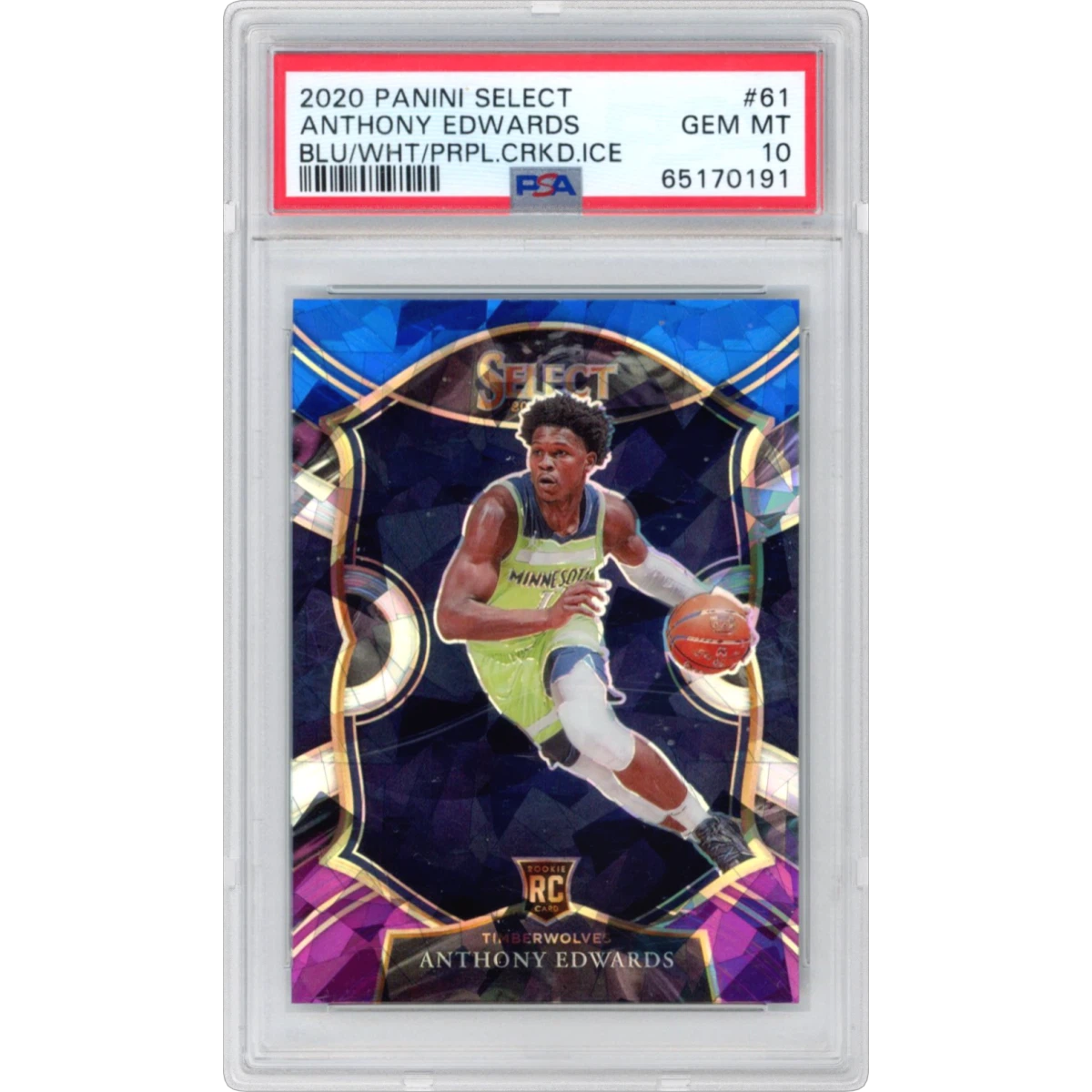 2020 Panini Select #61 Anthony Edwards - Blue/White/Purple Cracked Ice (PSA 10 GEM MINT)