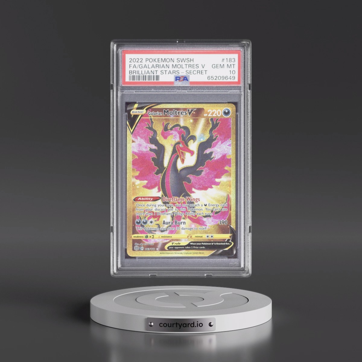 2022 Pokémon Sword & Shield Brilliant Stars #183 Galarian Moltres V - Holo Full Art Secret (PSA 10 GEM MINT)