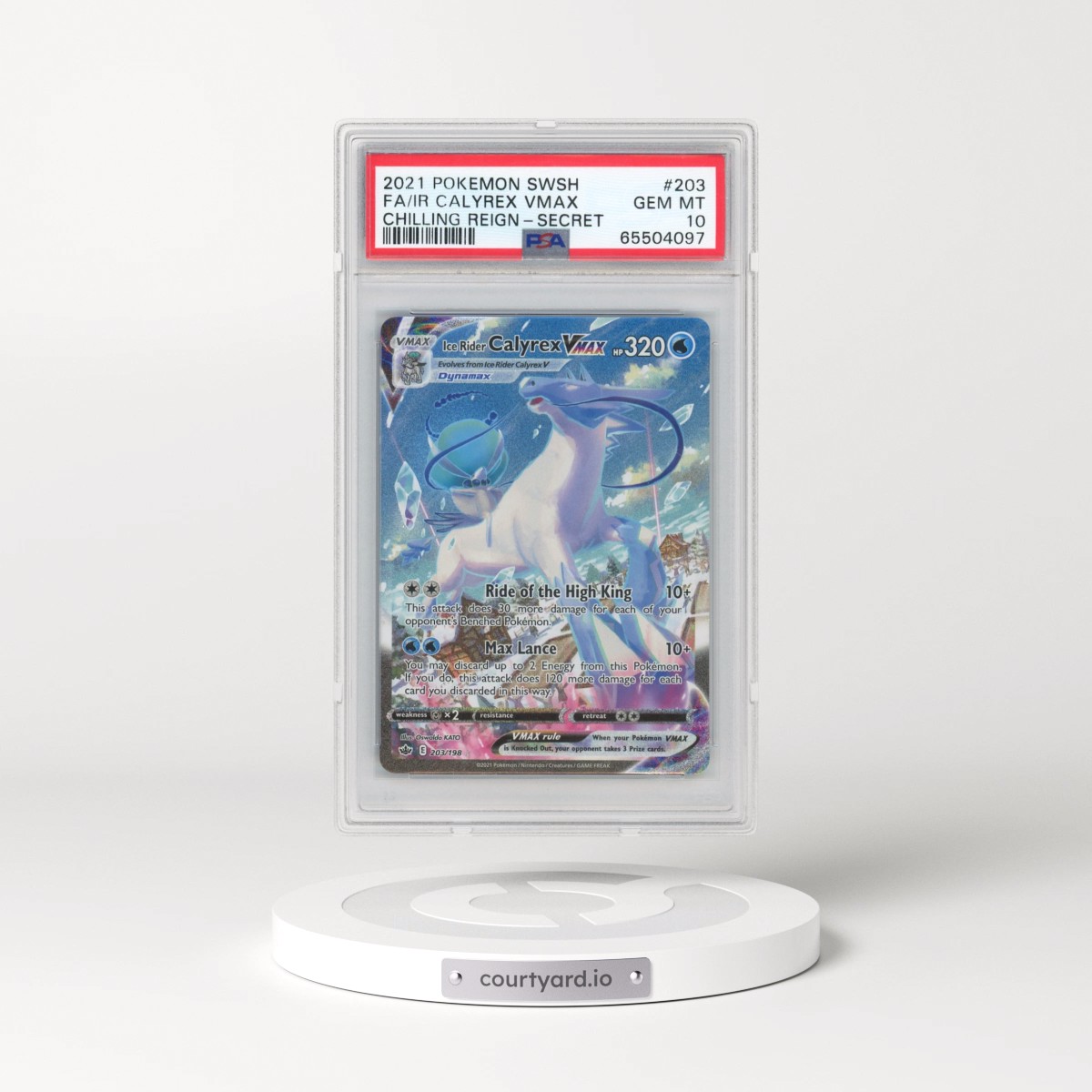 2021 Pokémon Sword & Shield Chilling Reign #203 Ice Rider Calyrex Vmax - Full Art Secret (PSA 10 GEM MINT)