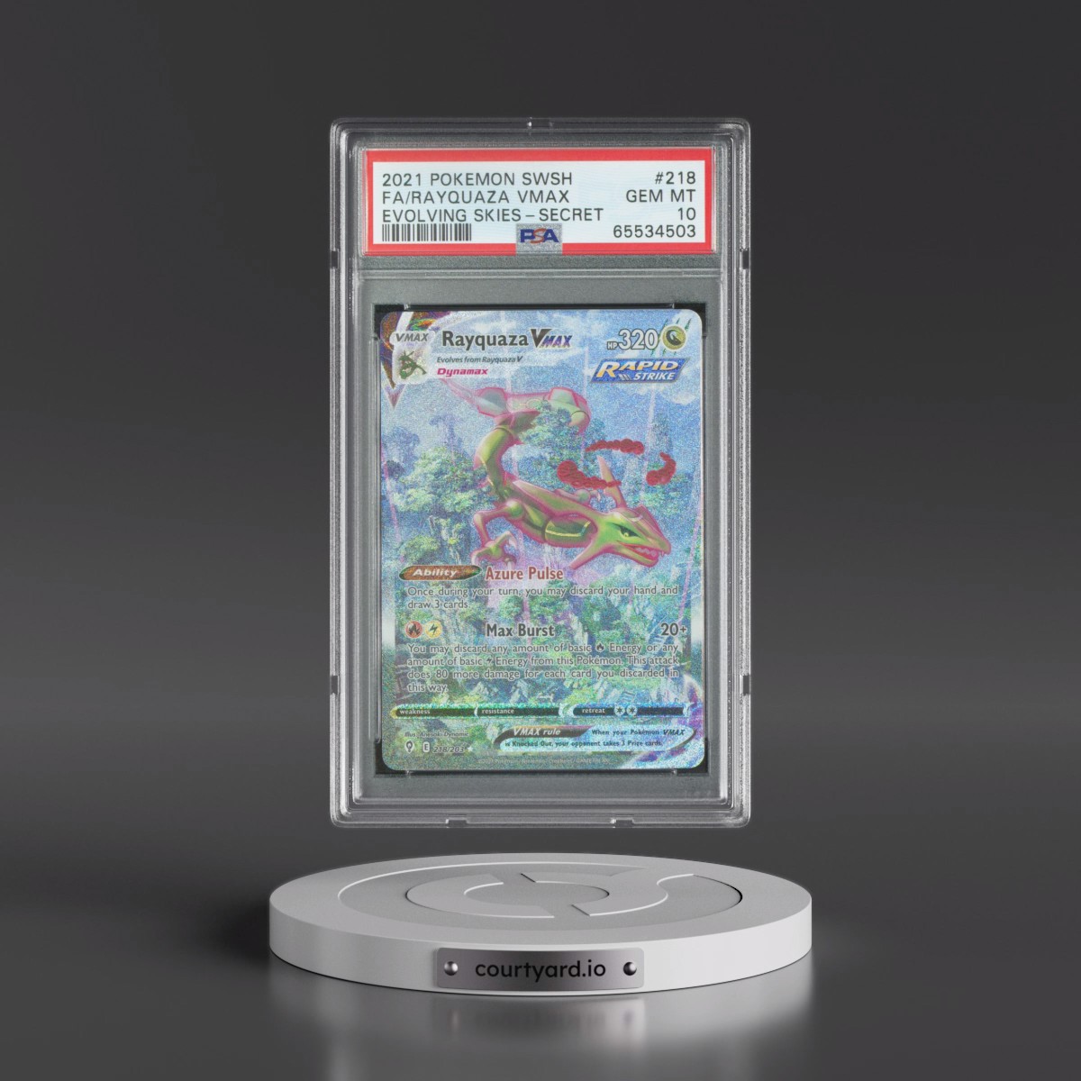2021 Pokémon Sword & Shield Evolving Skies #218 Rayquaza Vmax - Full Art Secret (PSA 10 GEM MINT)