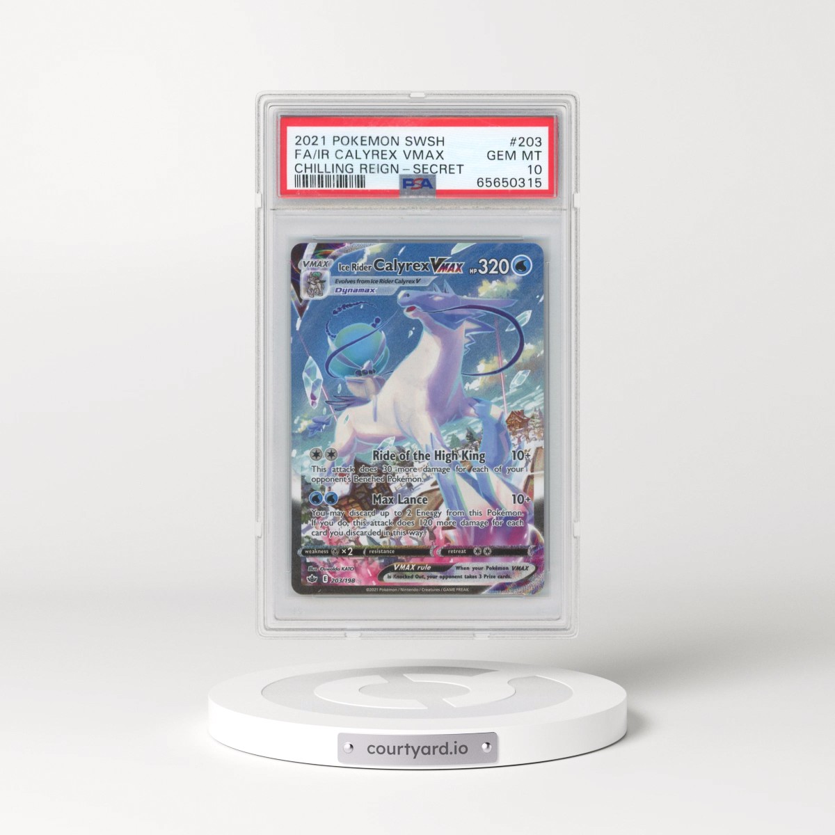 2021 Pokémon Sword & Shield Chilling Reign #203 Ice Rider Calyrex Vmax - Full Art Secret (PSA 10 GEM MINT)