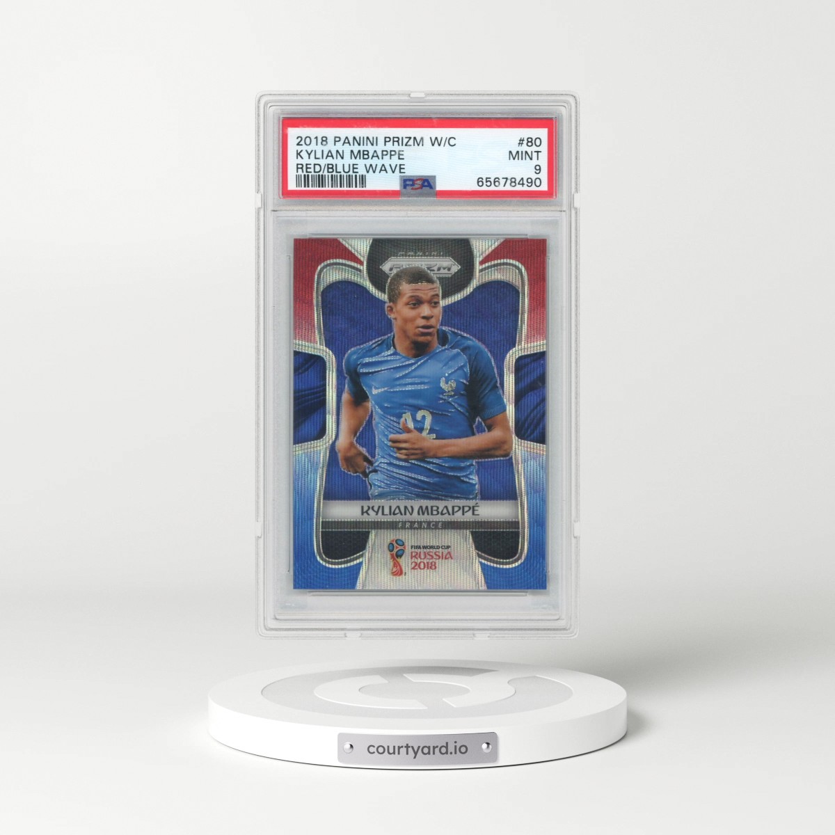 2018 Panini Prizm World Cup #80 Kylian Mbappe - Red/Blue Wave (PSA 9 MINT)