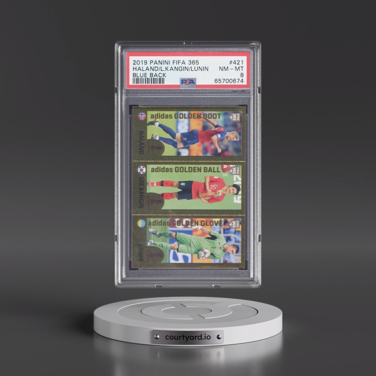 2019 Panini FIFA 365 #421 Andriy Lunin/Erling Haaland/Lee Kangin - Blue Back (PSA 8 NM-MT)