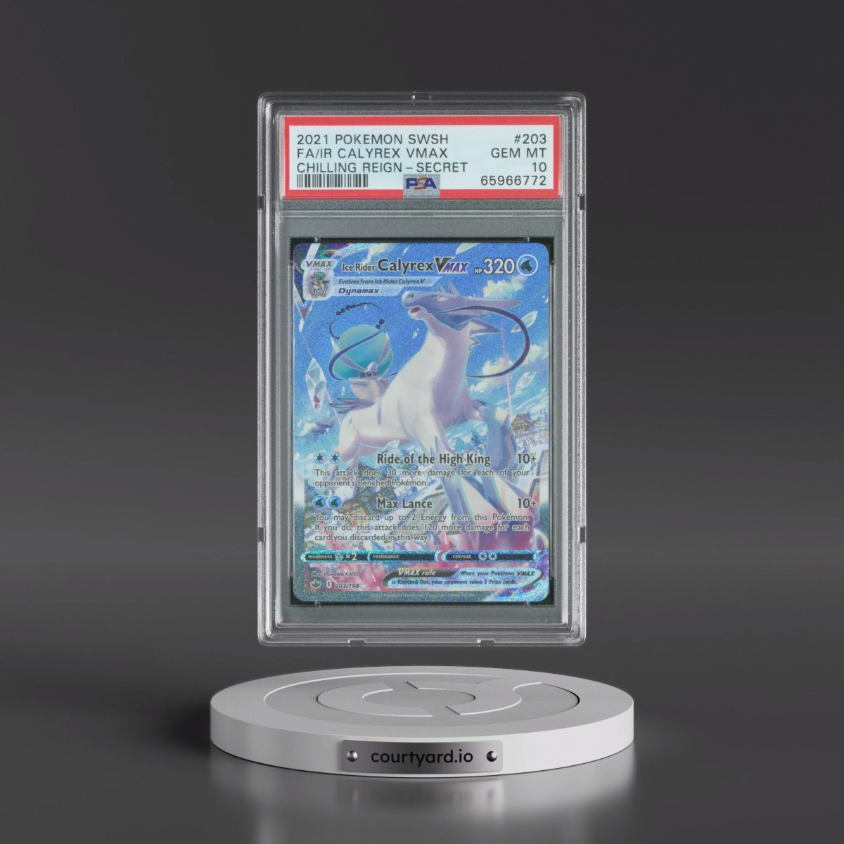 2021 Pokémon Sword & Shield Chilling Reign #203 Ice Rider Calyrex Vmax - Full Art Secret (PSA 10 GEM MINT)