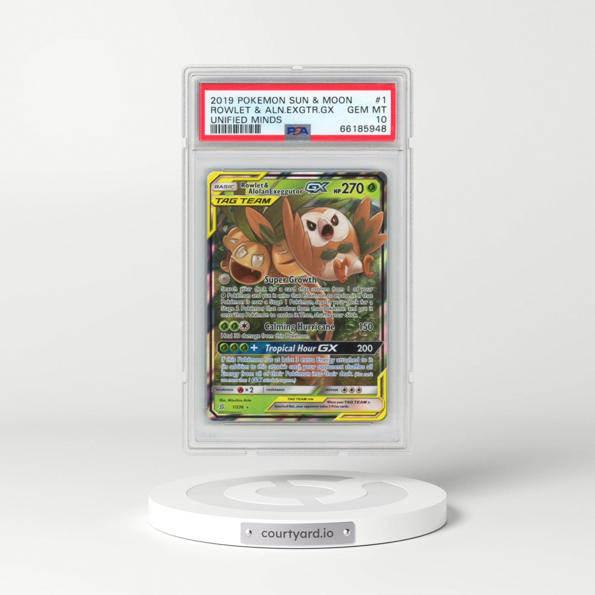2019 Pokémon Sun & Moon Unified Minds #1 Rowlet & Alolan Exeggutor GX - Holo (PSA 10 GEM MINT)