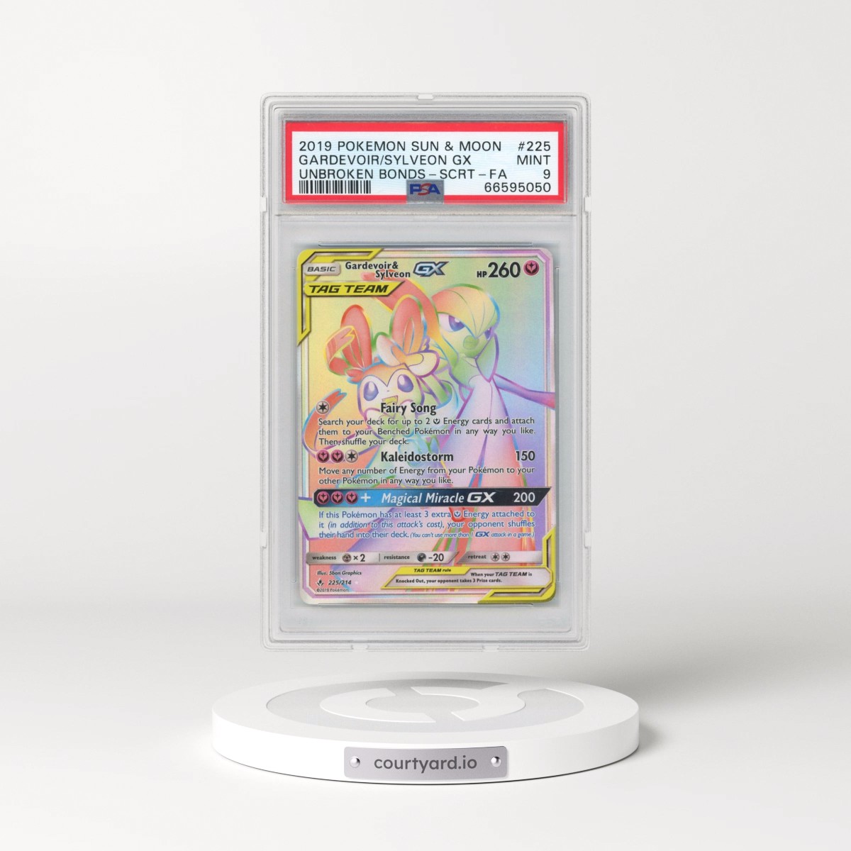 2019 Pokémon Sun & Moon Unbroken Bonds #225 Gardevoir & Sylveon GX - Holo Full Art Secret (PSA 9 MINT)
