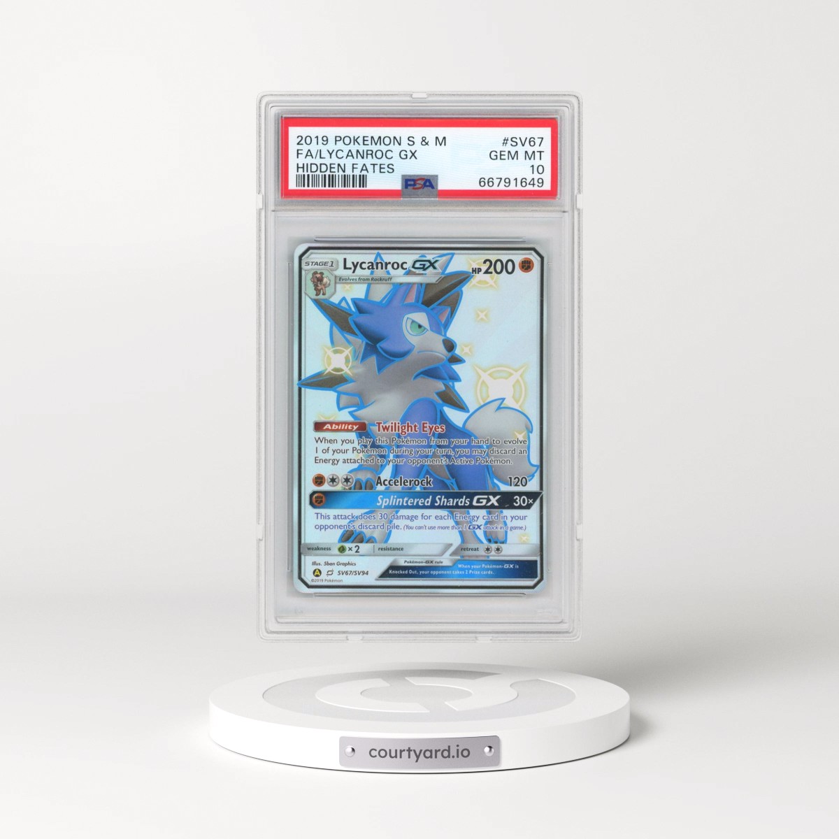 2019 Pokémon Sun & Moon Hidden Fates #SV67 Lycanroc GX - Holo Full Art (PSA 10 GEM MINT)