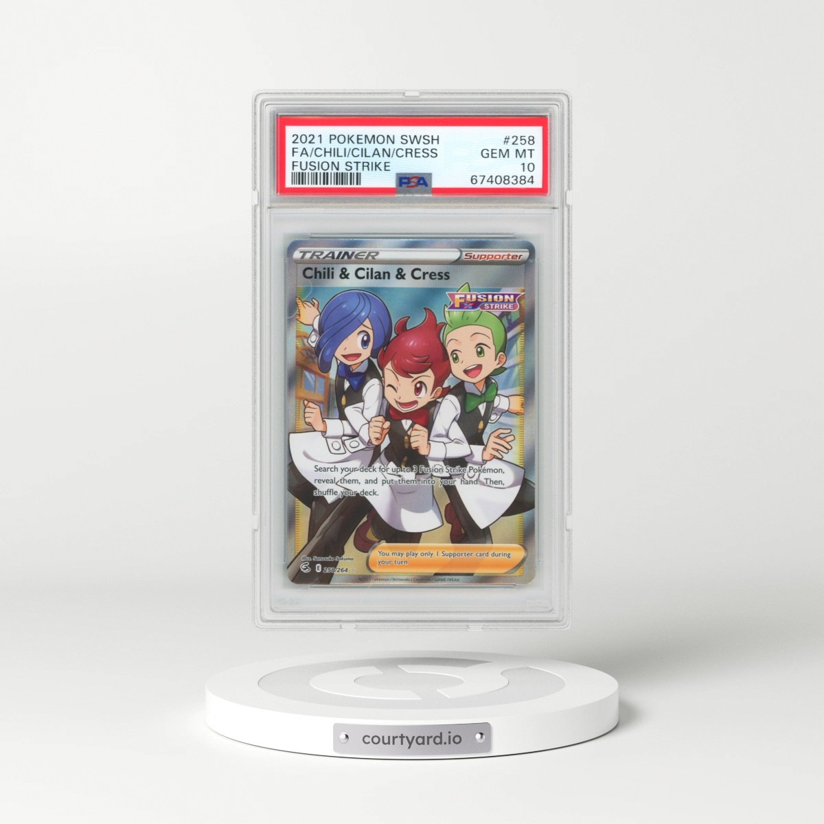 2021 Pokémon Sword & Shield Fusion Strike #258 Chili & Cilan & Cress - Full Art (PSA 10 GEM MINT)