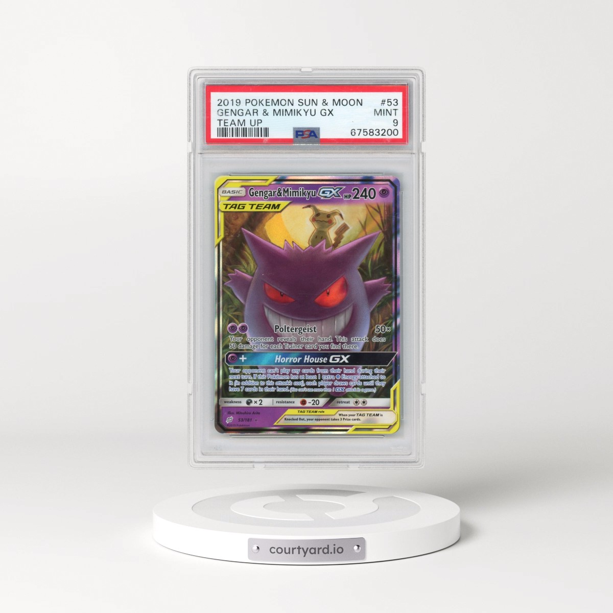 2019 Pokémon Sun & Moon Team Up #53 Gengar & Mimikyu GX - Holo (PSA 9 MINT)