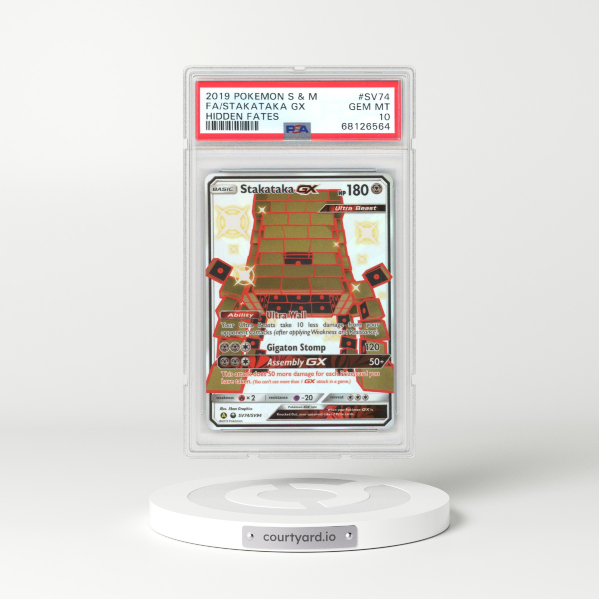 2019 Pokémon Sun & Moon Hidden Fates #SV74 Stakataka GX - Holo Full Art (PSA 10 GEM MINT)